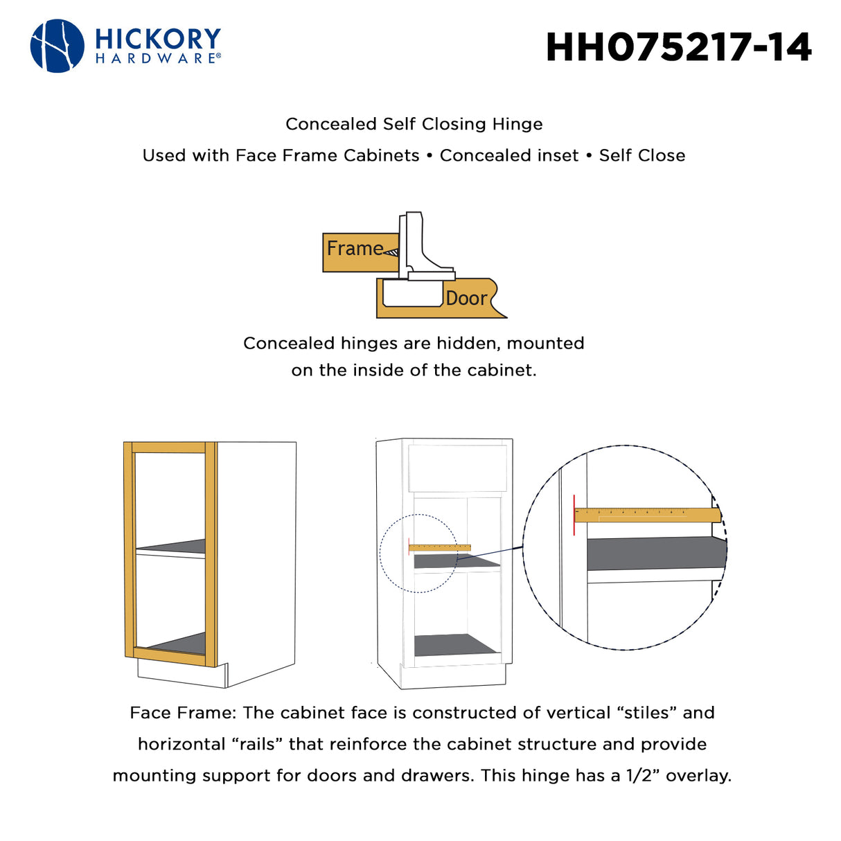 Hidden Door Hinge Concealed 1/2 Inch Overlay Face Frame Self-Close (2 Hinges/Per Pack) in Polished Nickel - Hickory Hardware