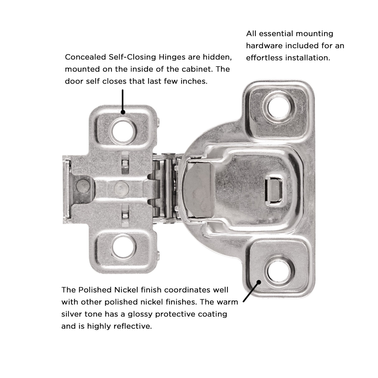 Hidden Hinge Concealed 3/4 Inch Overlay Face Frame Self-Close (2 Hinges/Per Pack) in Polished Nickel - Hickory Hardware