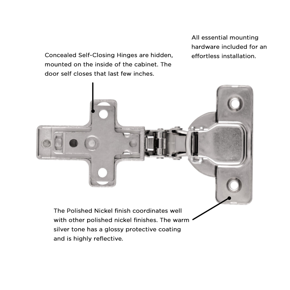 Hidden Cabinet Hinges Full Overlay Frameless Self-Close (2 Hinges/Per Pack) in Polished Nickel - Hickory Hardware