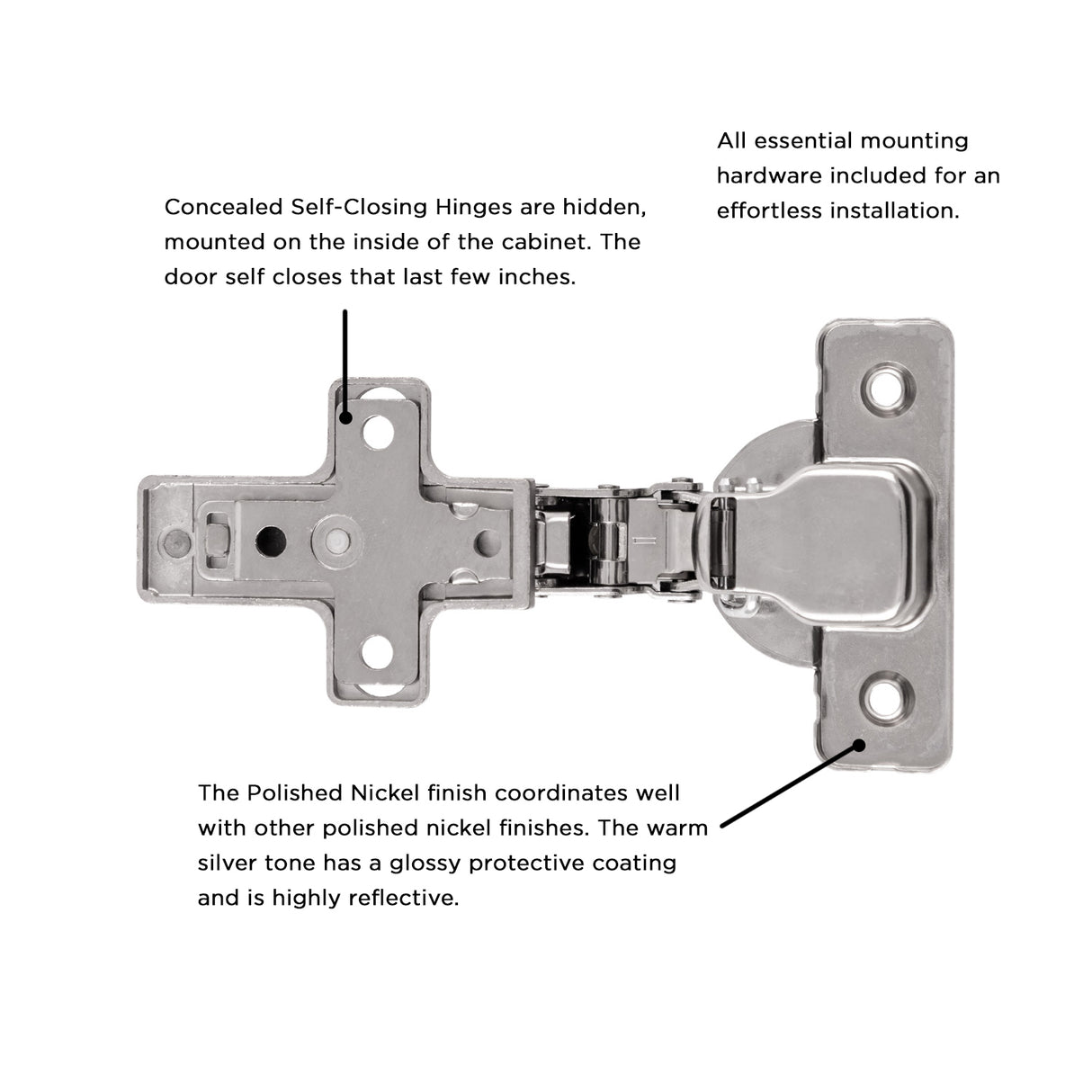 Hidden Hinges for Cabinet Doors Half Overlay Frameless Self-Close (2 Hinges/Per Pack) in Polished Nickel - Hickory Hardware