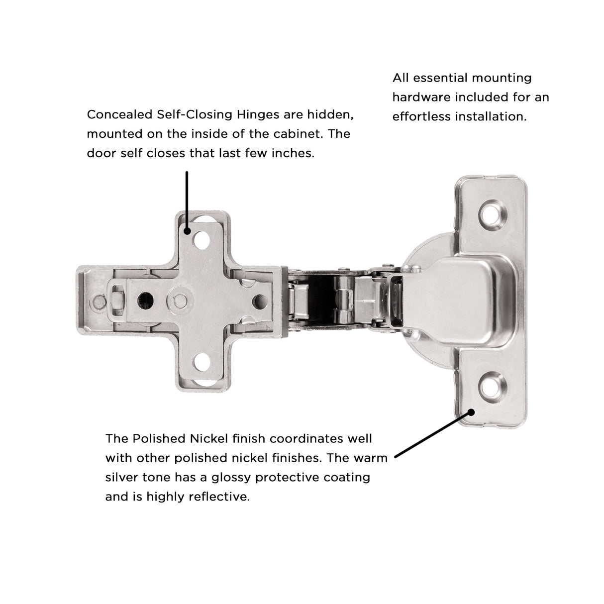 Hidden Hinges Full Inset Frameless Self-Close (2 Hinges/Per Pack) in Polished Nickel - Hickory Hardware