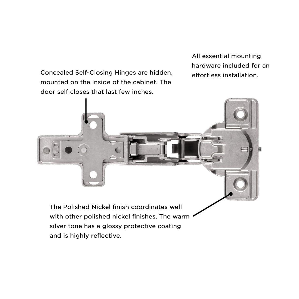 Hinge Concealed Full Overlay Frameless Self-Close 165 Degree (2 Hinges/Per Pack) in Polished Nickel- Hickory Hardware