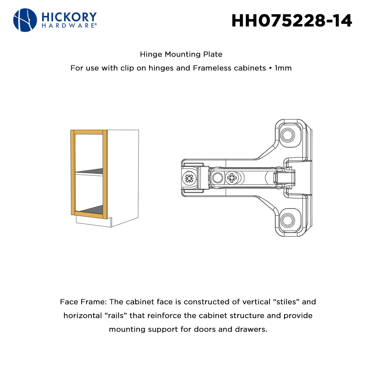 Hinge Concealed Face Frame Self-Close Mounting Plate 1 mm (2 Hinges/Per Pack) in Polished Nickel - Hickory Hardware