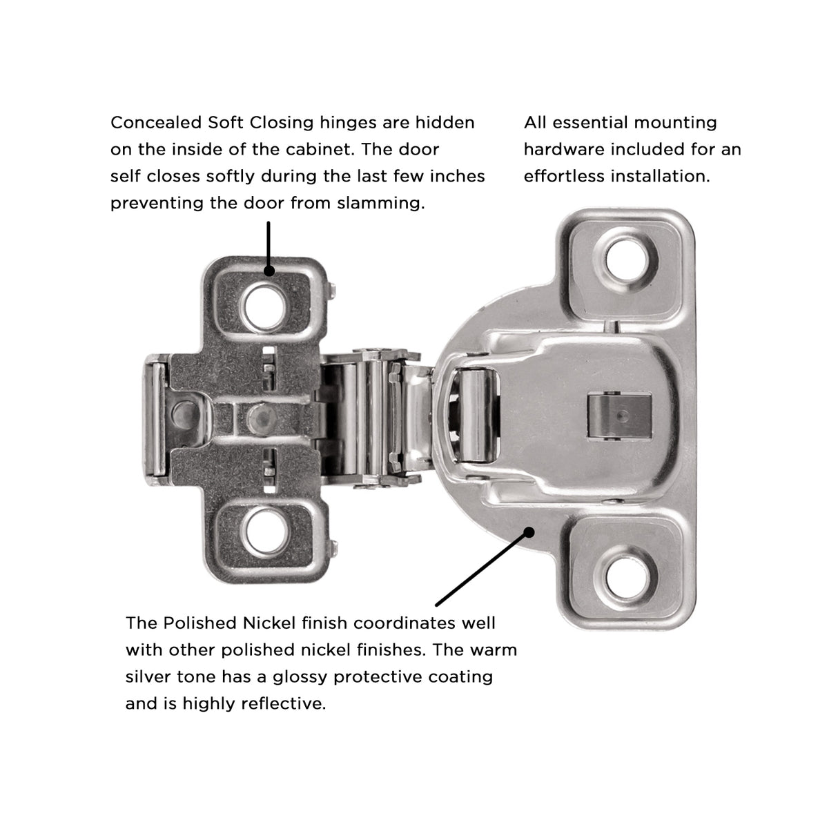 Hinge Concealed 1-3/8 Inch Overlay Face Frame Soft Close (2 Hinges/Per Pack) Polished Nickel - Hickory Hardware