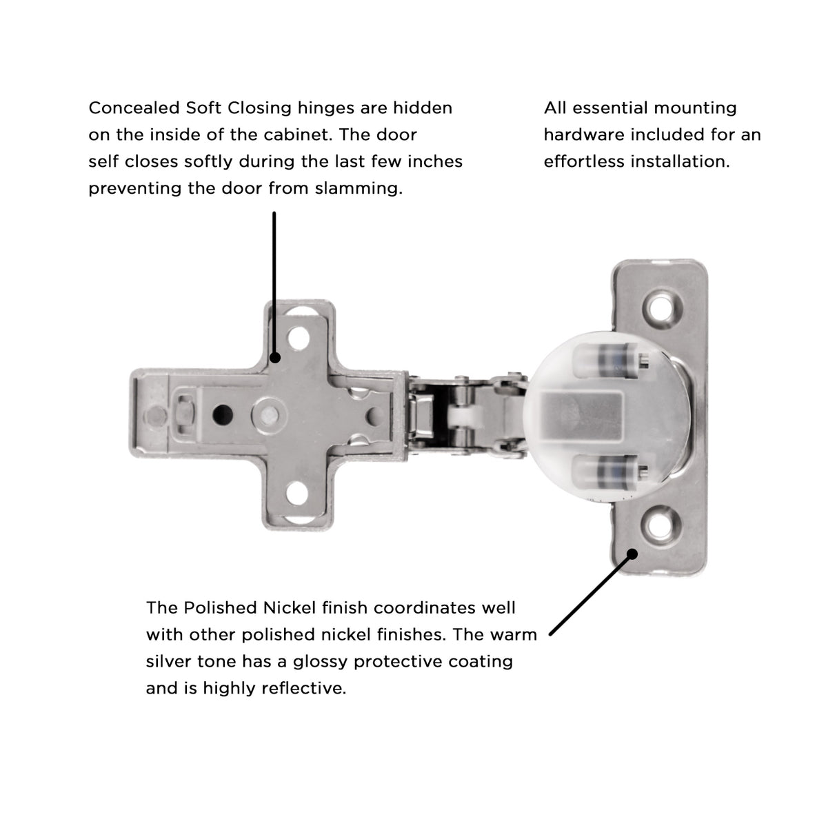 Hinge Concealed Half Overlay Frameless Soft Close (2 Hinges/Per Pack) Polished Nickel- Hickory Hardware