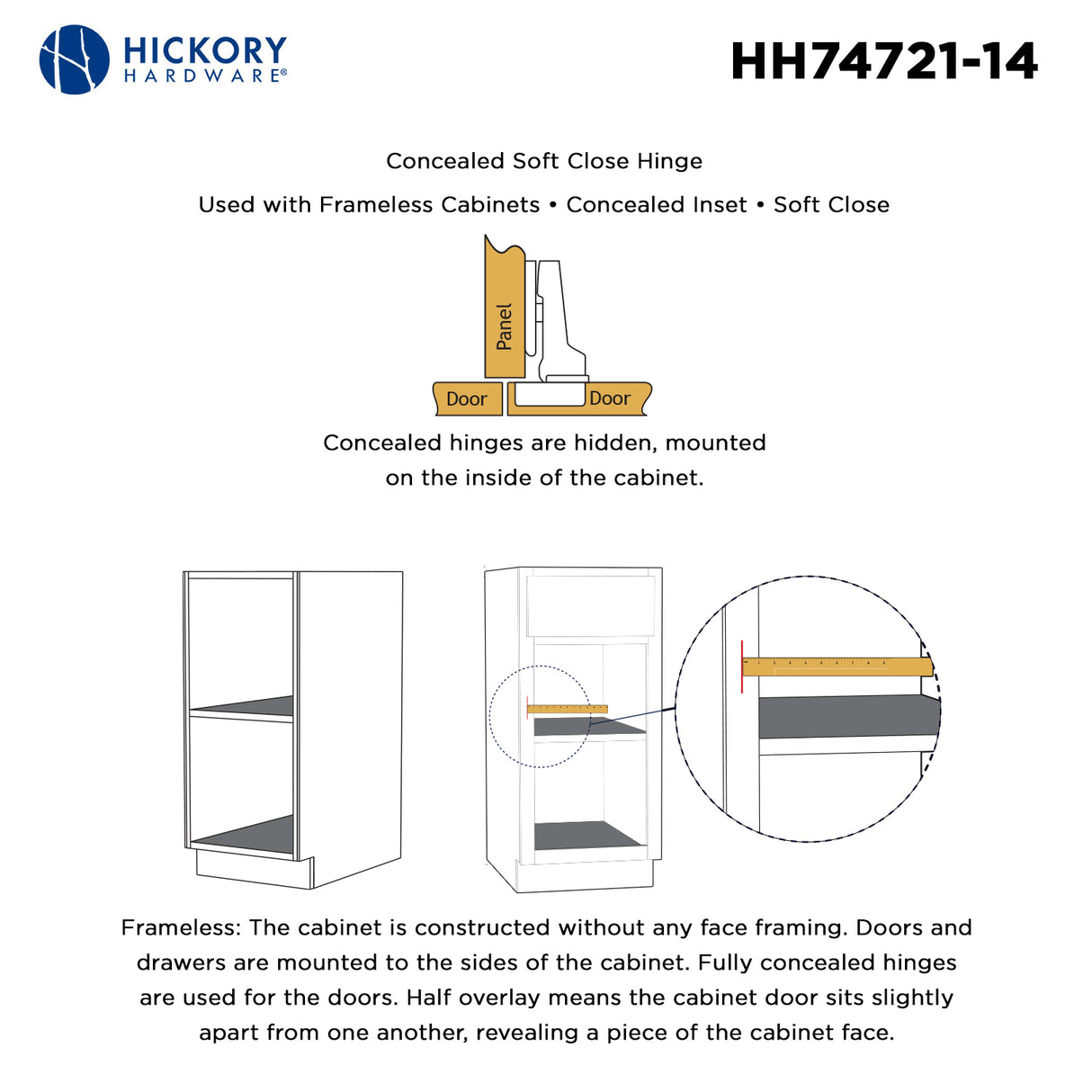 Hinge Concealed Half Overlay Frameless Soft Close (2 Hinges/Per Pack) Polished Nickel- Hickory Hardware