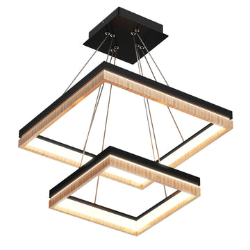 LED Pendant Light Fixture, Double Ring, Square, Dimmable, 3000K (Warm White), Wood and Matte Black