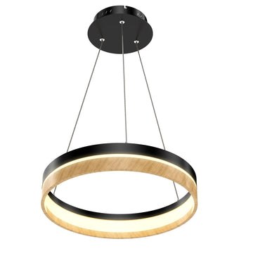 LED Pendant Light Fixture, Round, Dimmable, 3000K (Warm White), Wood and Matte Black