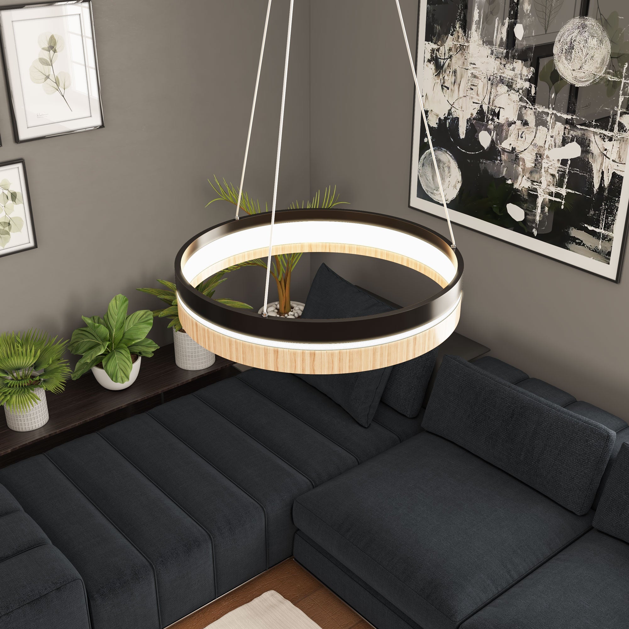 LED Pendant Light Fixture, Round, Dimmable, 3000K (Warm White), Wood and Matte Black