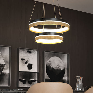 LED Pendant Light Fixture, Double Ring, Round, Dimmable, 3000K (Warm White), Wood and Matte Black (P1222-64)