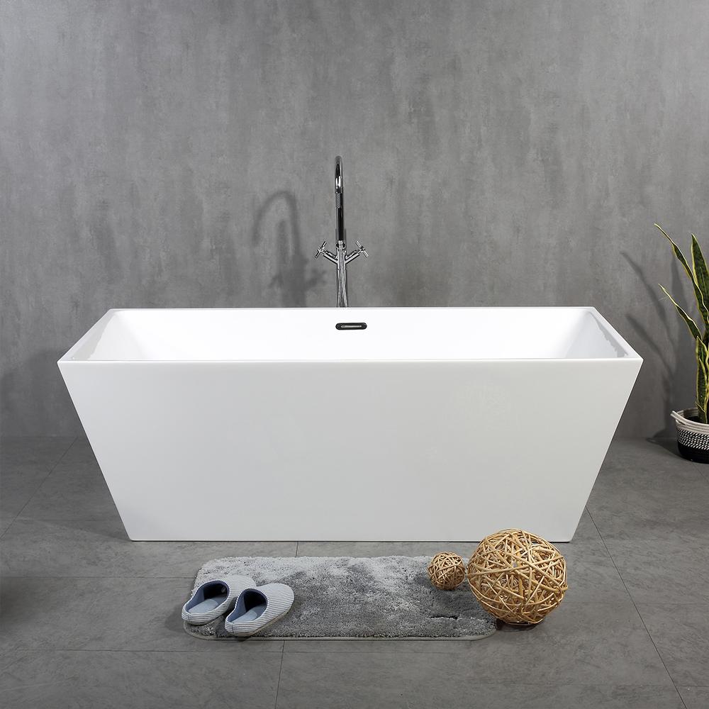 Harmony-II 59" Acrylic Freestanding Bathtub, Glossy White with Chrome Drain and Overflow Cover, Rectangular Freestanding Soaking Tub, cUPC Certified