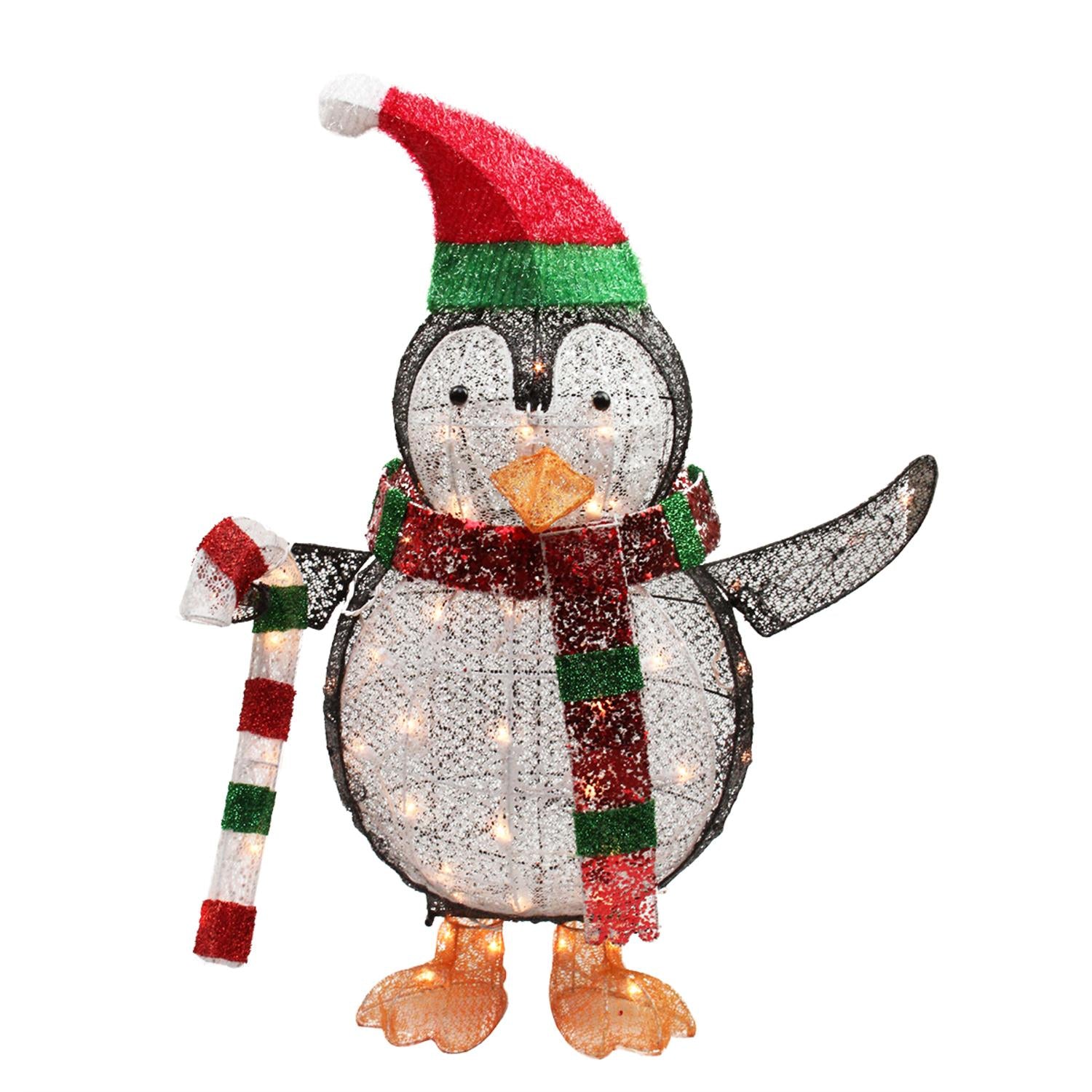 34" Lighted Penguin with Candy Cane Christmas Yard Art Decoration