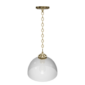 Dome Shape Brass Gold Pendant Light with Clear Glass Shade, E26 Base, UL Listed for Damp Location, 3 Years Warranty