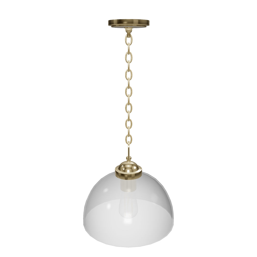 Dome Shape Brass Gold Pendant Light with Clear Glass Shade, E26 Base, UL Listed for Damp Location