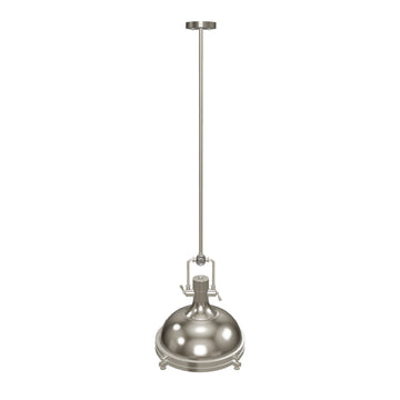 Industrial Pendant Light Fixture, Satin Nickel Finish, Dome Shape, Includes Extension Rods 1x6