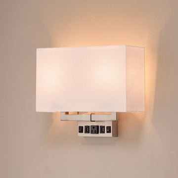 2-Light, Wall Sconce with 2 Switch, 2 USB & 1 outlet, Brushed Nickel, White Shade, 2 E26 Socket, Dim: W14