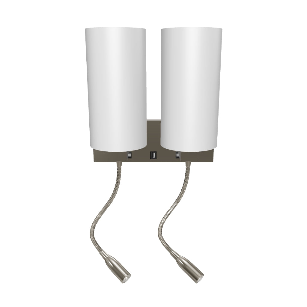 2-Light Acrylic Wall Sconce, Brushed Nickel Finish, With LED 2*1W+1 usb+2 switches+2 outlet, LED Acrylic Wall Light