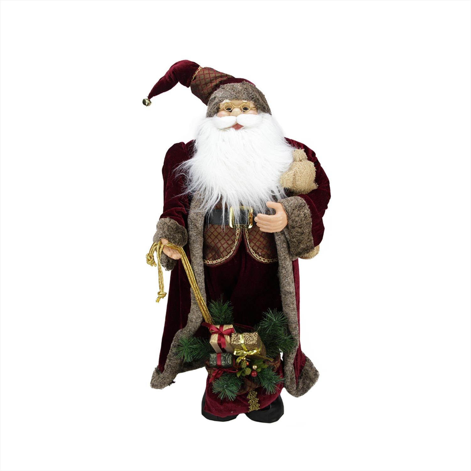 32" Noble Standing Santa Claus in Burgundy Robe Christmas Figure with Teddy Bear and Gift Bag