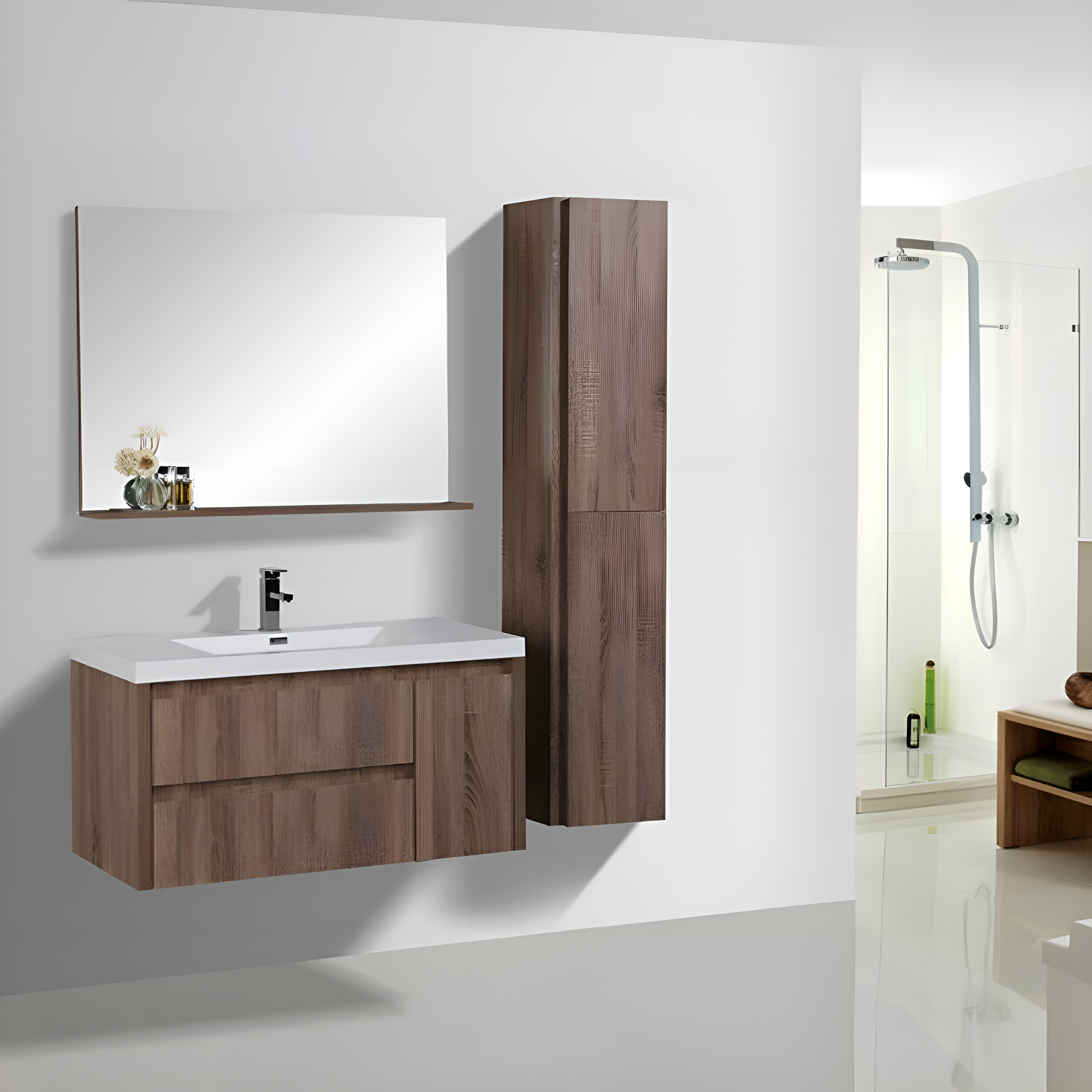Jade S. Oak Floating Wall Mounted Bathroom Linen Side Cabinet With S
