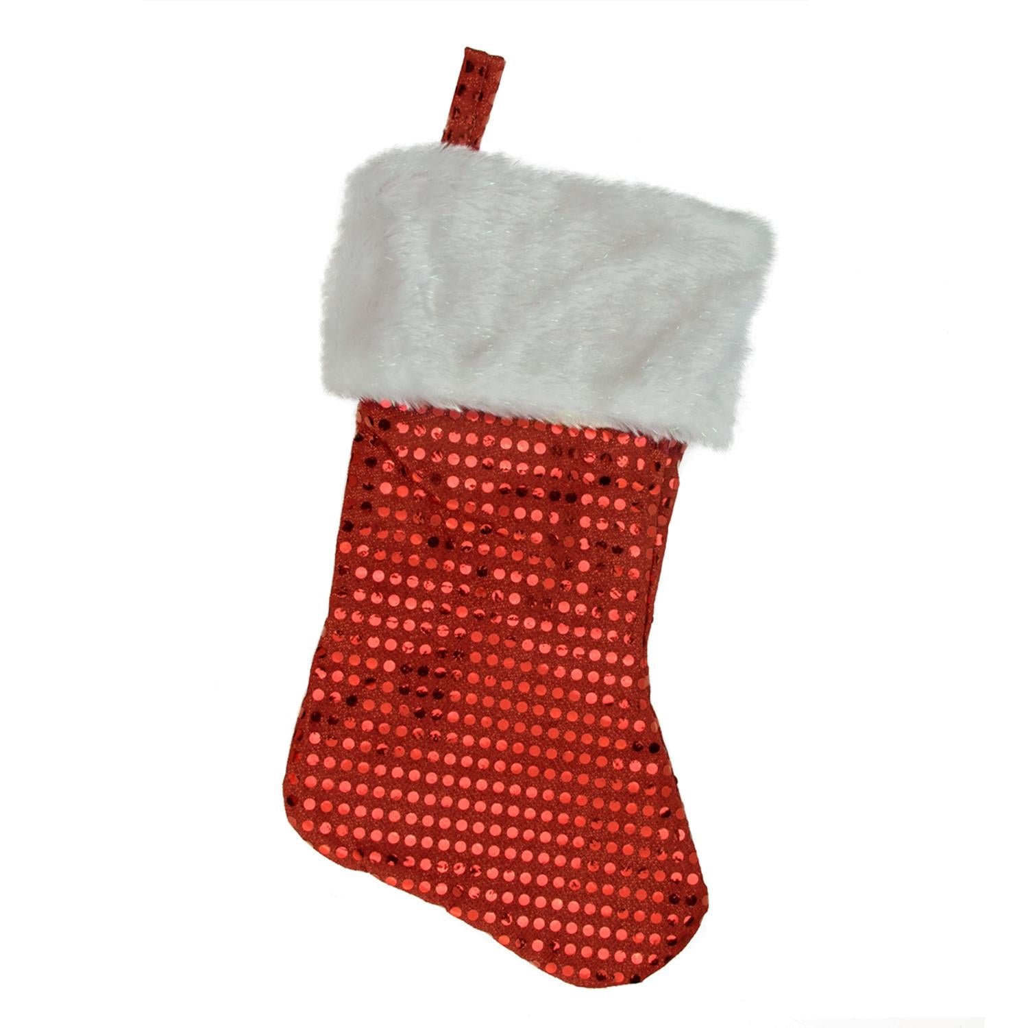 18" Red And White Faux-Fur Cuffed Disco Sequined Christmas Stocking