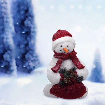 2' White Fluffy Sparkling Glittered Plush Snowman Holding a Bag with Pine Cones Christmas Decoration