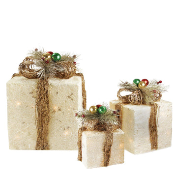 Set of 3 Lighted Cream and Gold Sisal Gift Boxes Christmas Yard Art Decorations