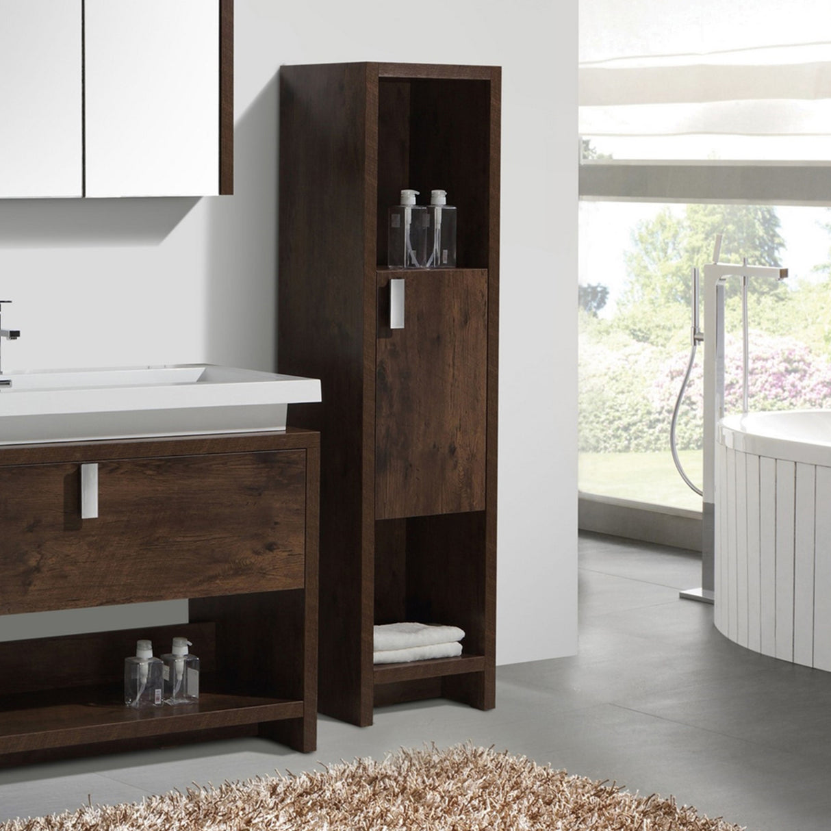 Liyan Elegant Modern Freestanding Bathroom Linen Side Cabinet With Doors & Open Shelves Storage