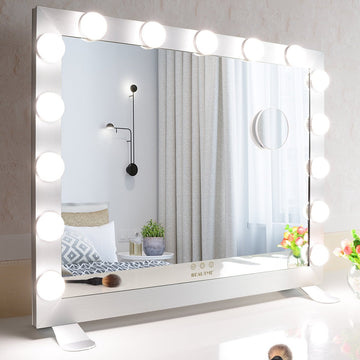26.8 x 22 Inch Hollywood Lighted Makeup Vanity Mirror with 15pcs LED Dimmable Bulbs, Tabletop/Mounted Wall Mirror, Detachable 10X Magnification Spot Cosmetic Mirror