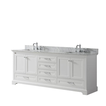 Dukes 80 In. Freestanding White Bathroom Vanity With Double Undermount Ceramic Sink, White Carrara Marble Top