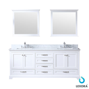 Dukes 80 In. Freestanding White Bathroom Vanity With Double Undermount Ceramic Sink, White Carrara Marble Top & 30 In. Mirrors