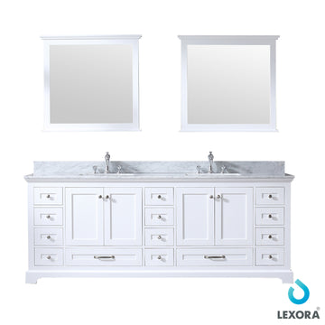 Dukes 84 In. Freestanding White Bathroom Vanity With Double Undermount Ceramic Sink, White Carrara Marble Top & 34 In. Mirrors