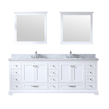 Dukes 84 In. Freestanding White Bathroom Vanity With Double Undermount Ceramic Sink, White Carrara Marble Top & 34 In. Mirrors