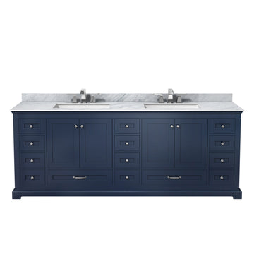 Dukes 84 In. Freestanding Navy Blue Bathroom Vanity With Double Undermount Ceramic Sink, White Carrara Marble Top