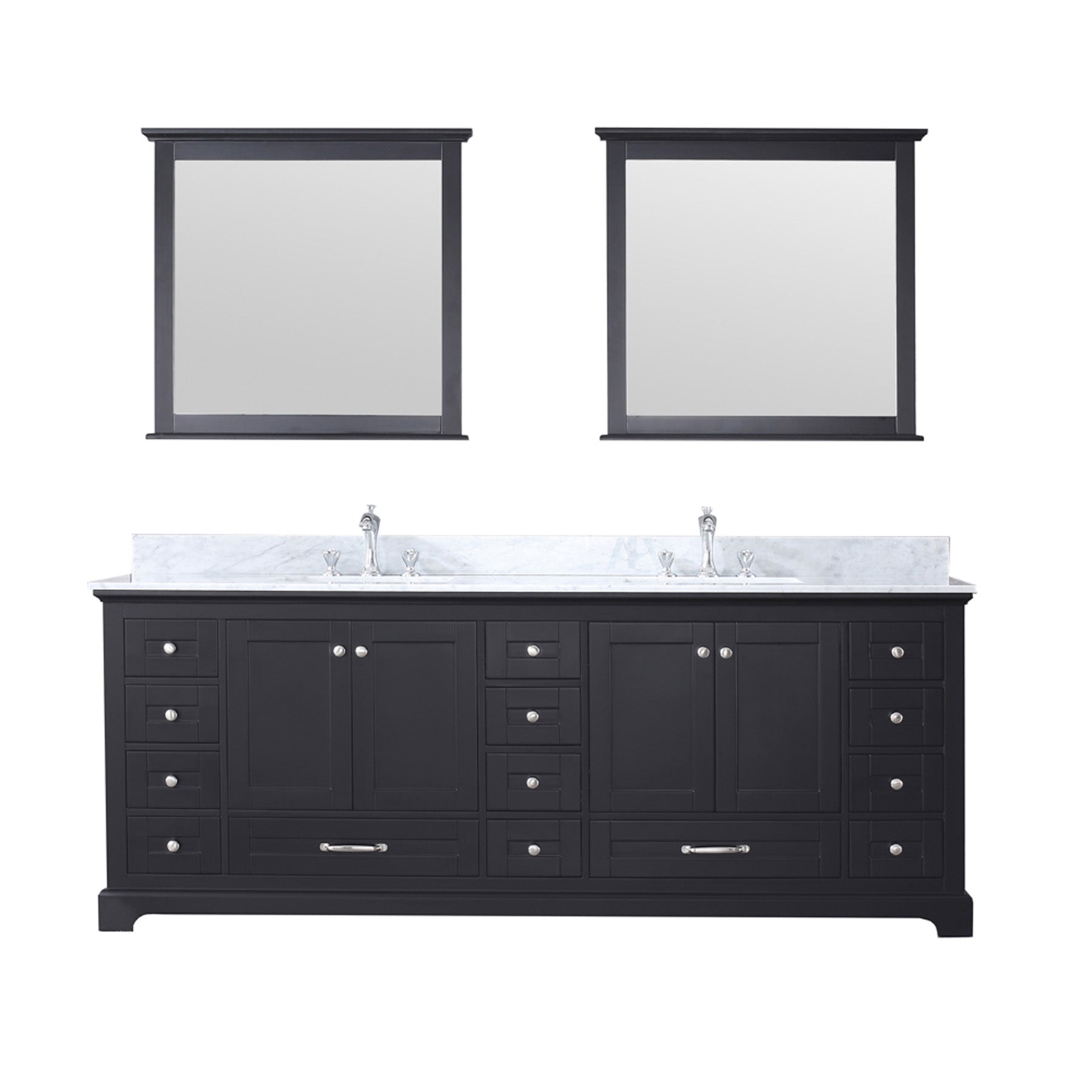 Dukes 84 In. Freestanding Espresso Bathroom Vanity With Double Undermount Ceramic Sink, White Carrara Marble Top & 34 In. Mirrors