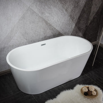 Melina 59 In. Oval Acrylic Freestanding Soaking Bathtub in Glossy White With Chrome Drain