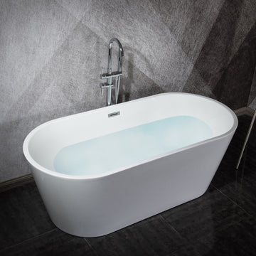 Melina 59 In. Oval Acrylic Freestanding Soaking Bathtub in Glossy White With Chrome Drain