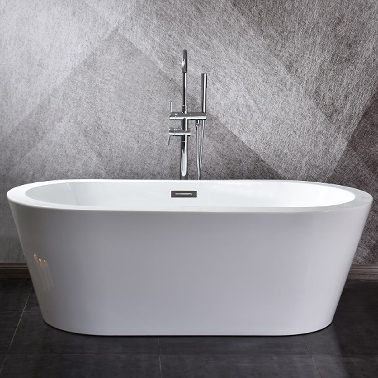 Lure 59 In. Oval Acrylic Freestanding Soaking Bathtub in Glossy White With Chrome Drain