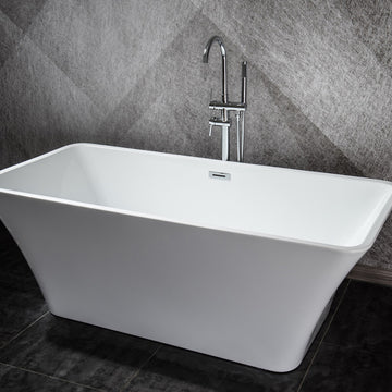 Vinter 59 In. Rectangular Acrylic Freestanding Soaking Bathtub in Glossy White With Chrome Drain