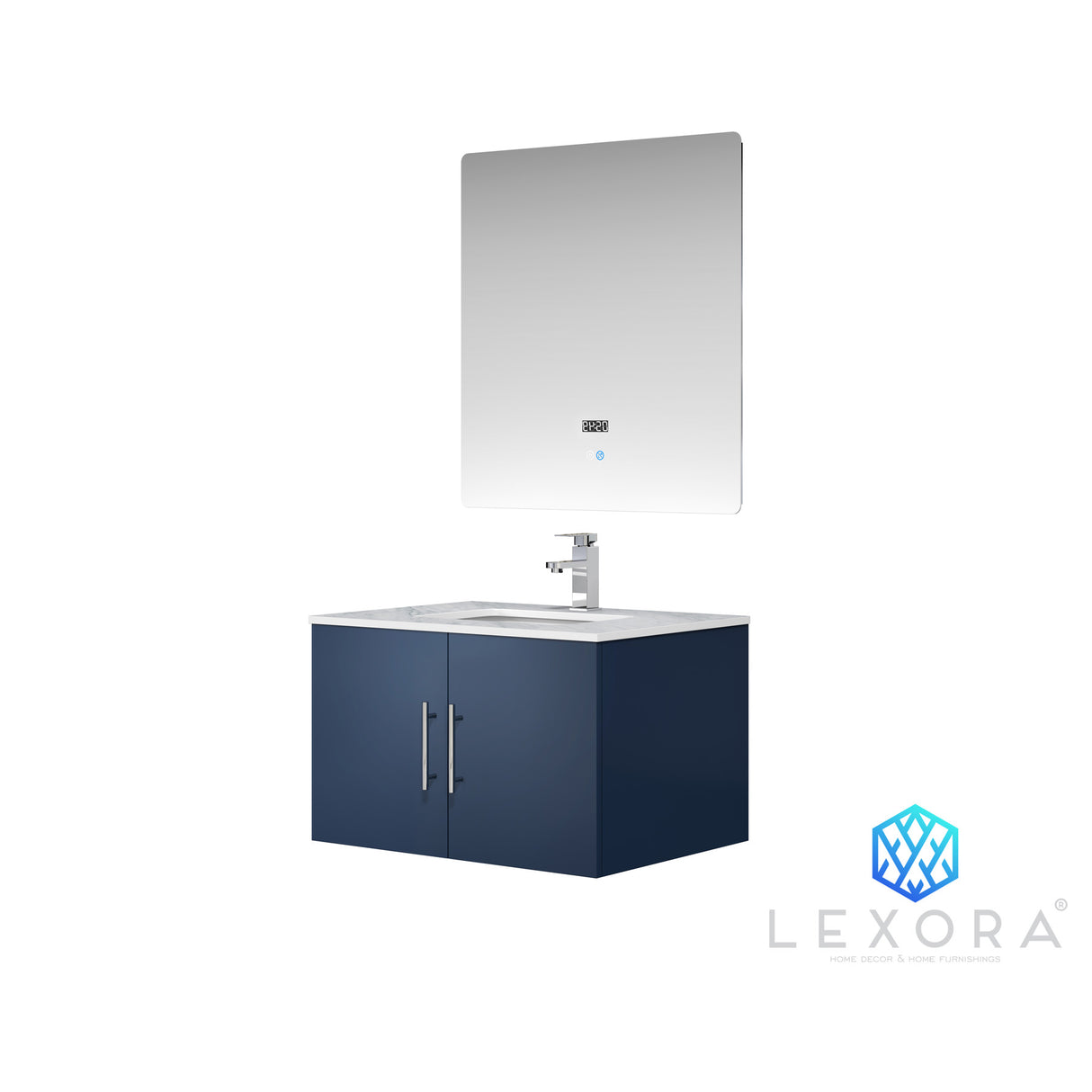 Geneva 30" Navy Blue Single Vanity, White Carrara Marble Top, White Square Sink and 30" LED Mirror
