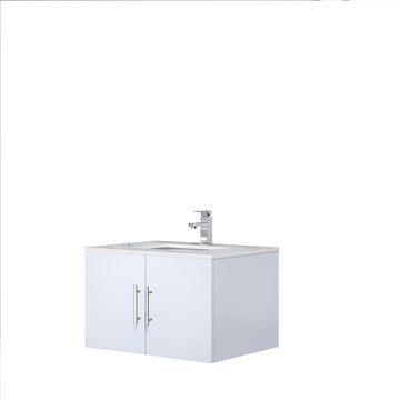 Geneva 30 In. Floating / Wall Mounted Glossy White Bathroom Vanity With Single Undermount Ceramic Sink, White Carrara Marble Top