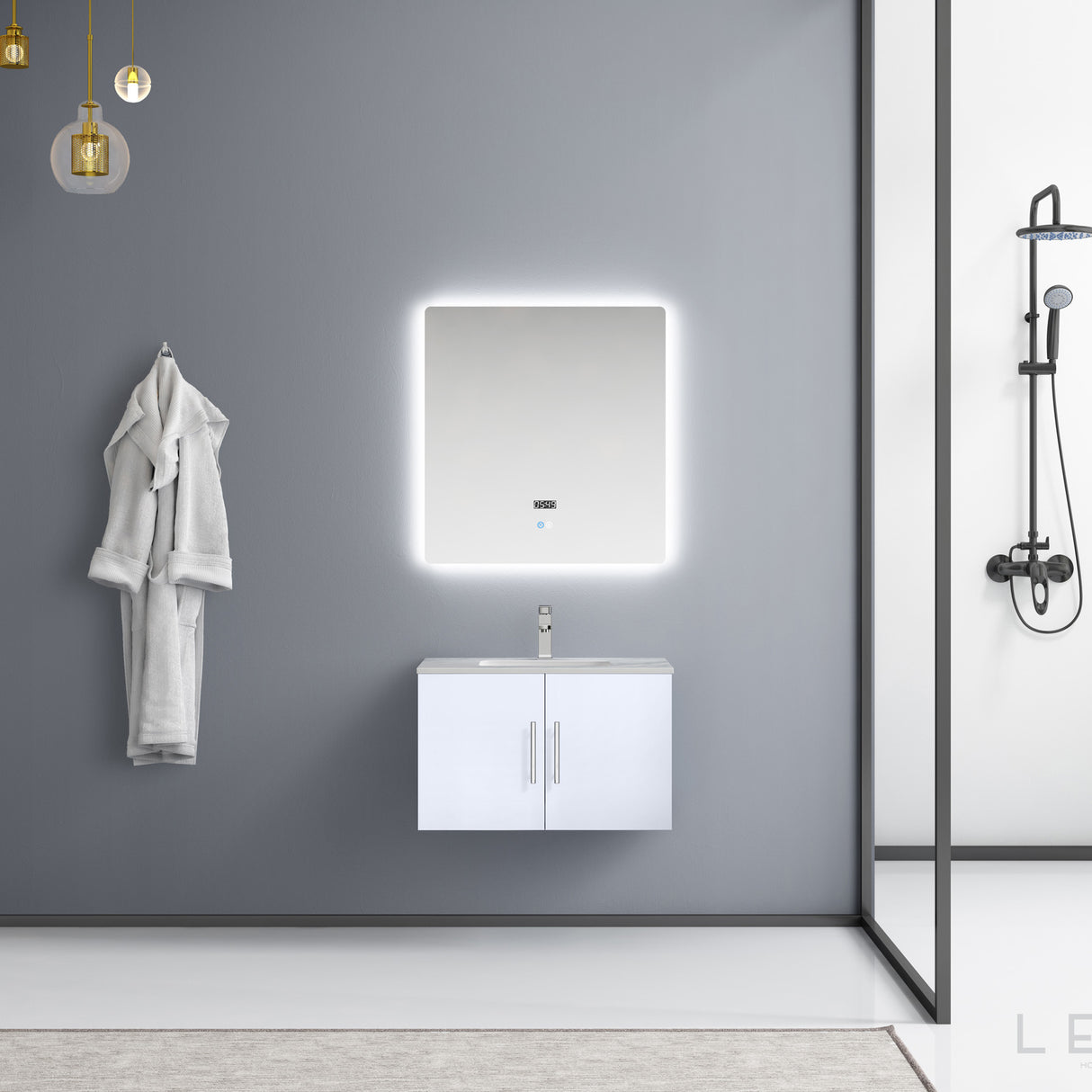 Geneva 30" Glossy White Single Vanity, White Carrara Marble Top, White Square Sink and 30" LED Mirror w/ Faucet