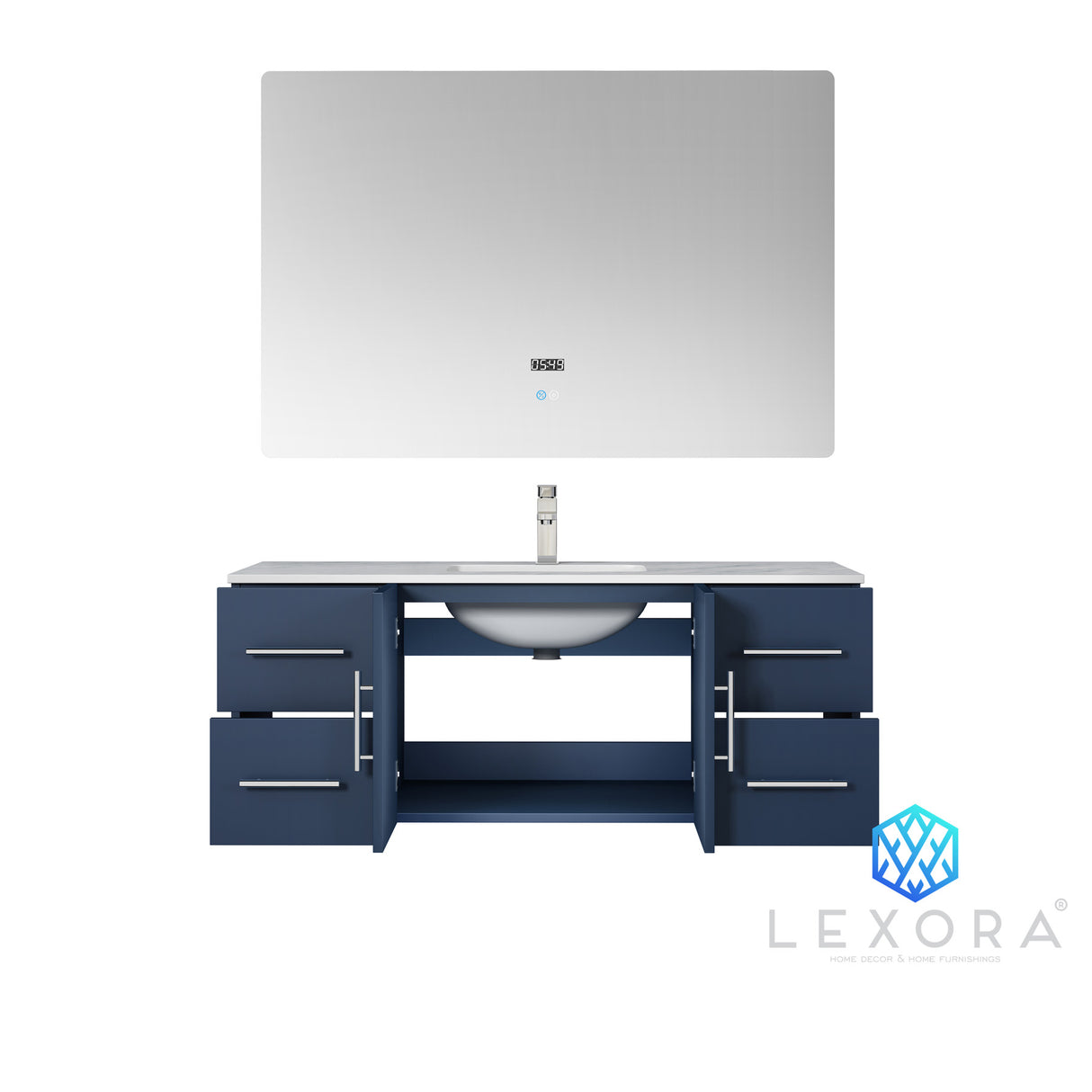 Geneva 48" Navy Blue Single Vanity, White Carrara Marble Top, White Square Sink and 48" LED Mirror