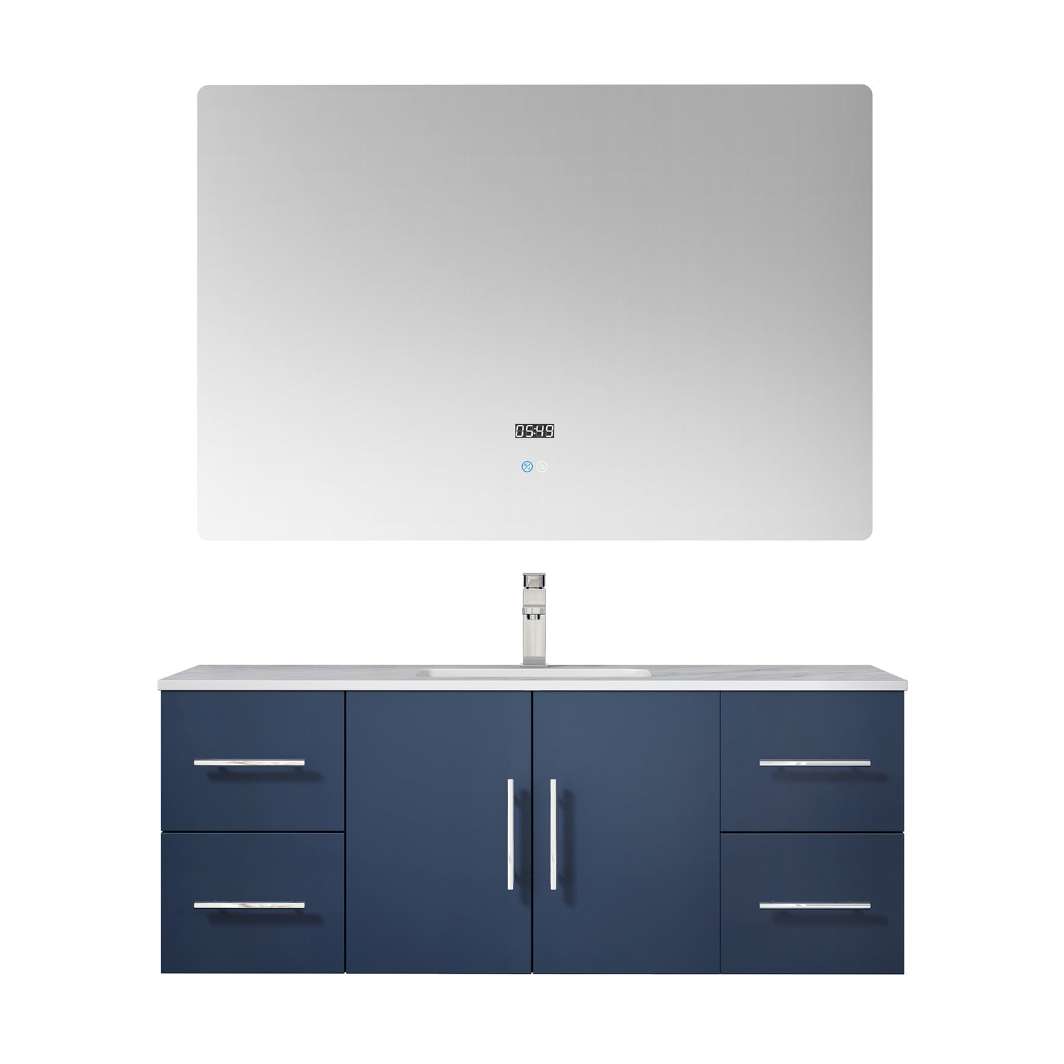 Geneva 48" Navy Blue Single Vanity, White Carrara Marble Top, White Square Sink and 48" LED Mirror