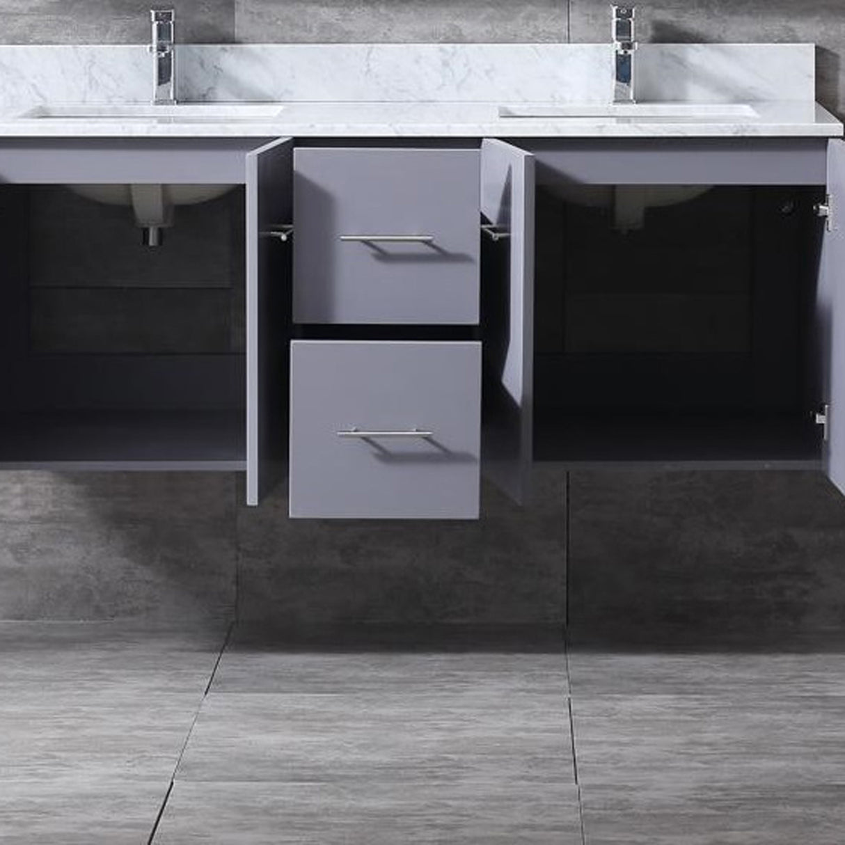 Geneva 60" Dark Grey Double Vanity, White Carrara Marble Top, White Square Sinks and 60" LED Mirror w/ Faucets