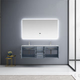Geneva 60" Dark Grey Double Vanity, White Carrara Marble Top, White Square Sinks and 60" LED Mirror w/ Faucets