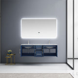 Geneva 60" Navy Blue Double Vanity, White Carrara Marble Top, White Square Sinks and 60" LED Mirror w/ Faucets
