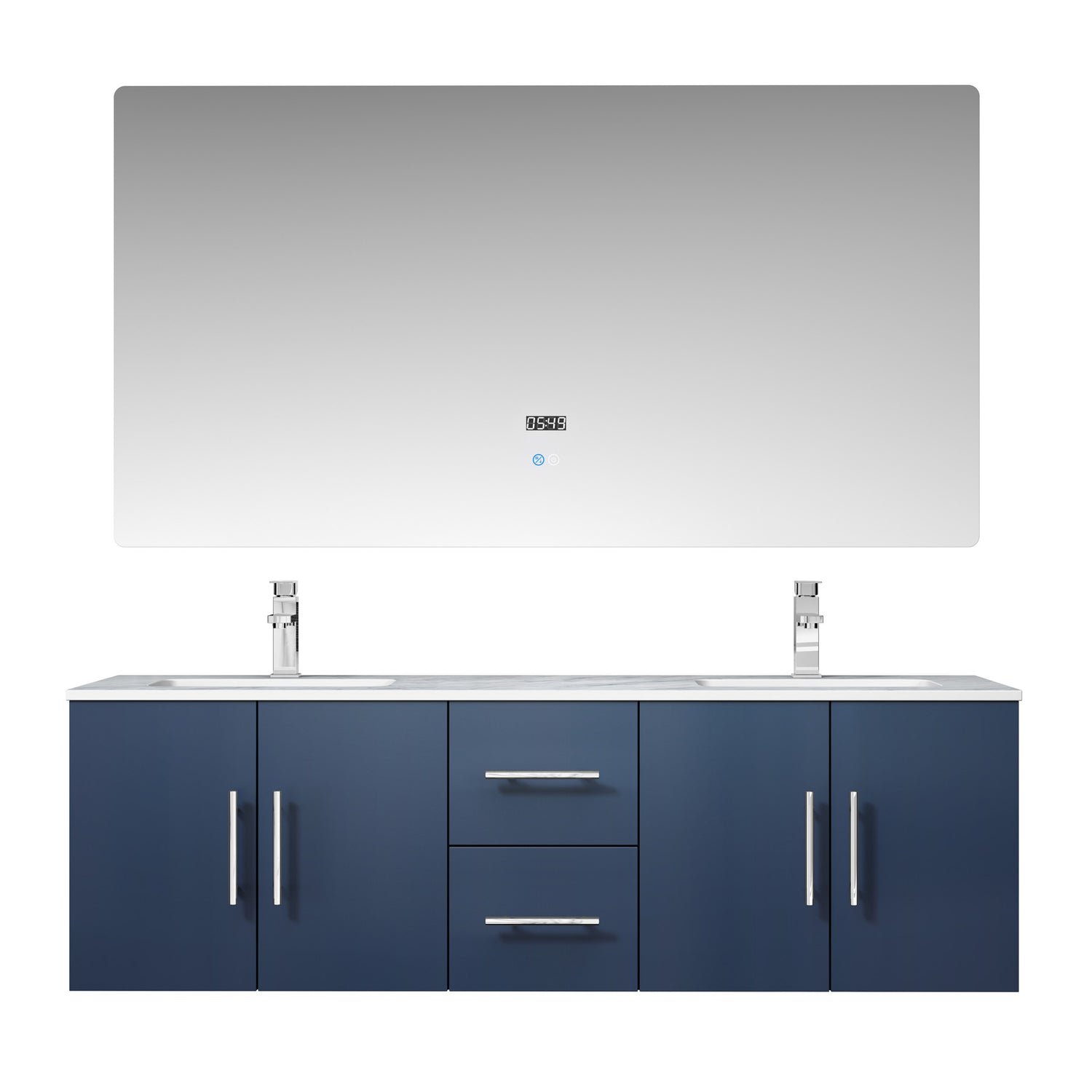 Geneva 60" Navy Blue Double Vanity, White Carrara Marble Top, White Square Sinks and 60" LED Mirror