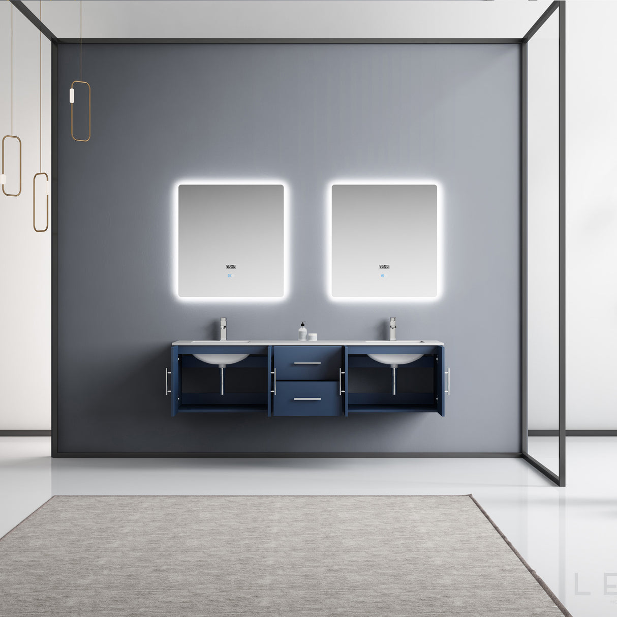 Geneva 72" Navy Blue Double Vanity, White Carrara Marble Top, White Square Sinks and 30" LED Mirrors