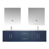 Geneva 72" Navy Blue Double Vanity, White Carrara Marble Top, White Square Sinks and 30" LED Mirrors w/ Faucets