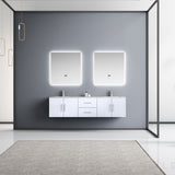 Geneva 72" Glossy White Double Vanity, White Carrara Marble Top, White Square Sinks and 30" LED Mirrors